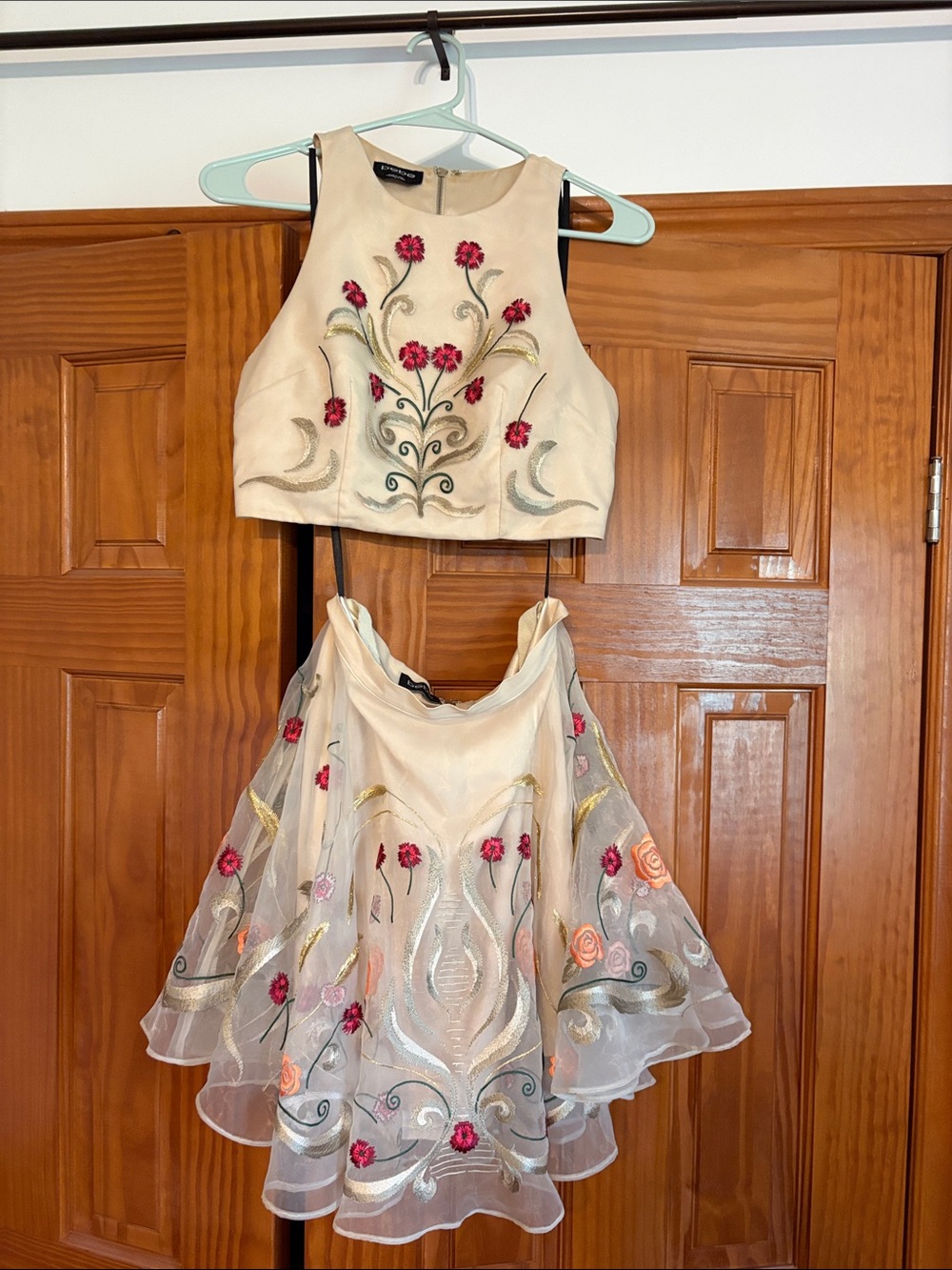 bebe Cream 2 piece Dress with Pink Floral Embroidery
